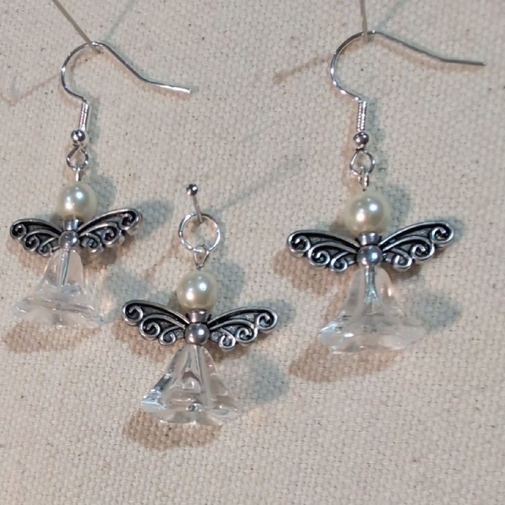 Handmade Silver Tone Angel Glass Pearl Earrings & Pendant Set